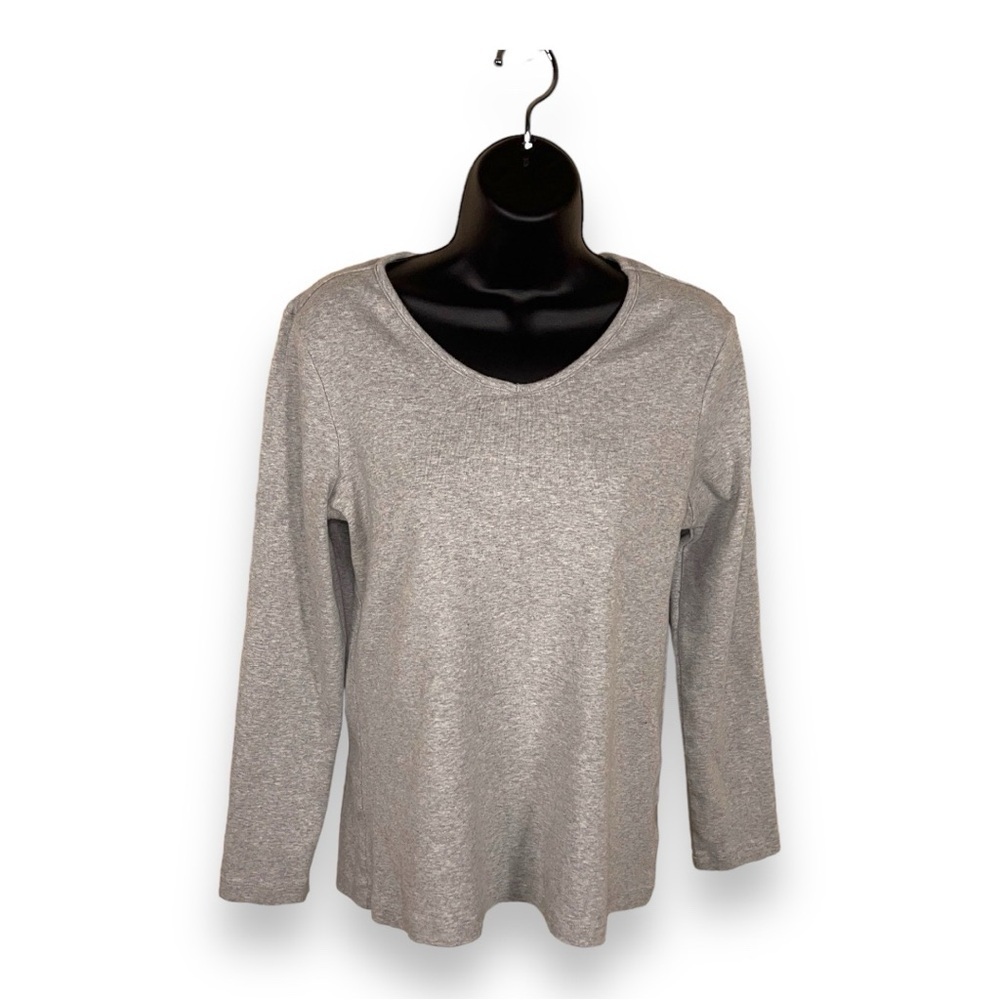 LARGE  GREY WHITE STAG HEATHER CASUAL TOP VNECK STRETCH LONG SLEEVE COTTON